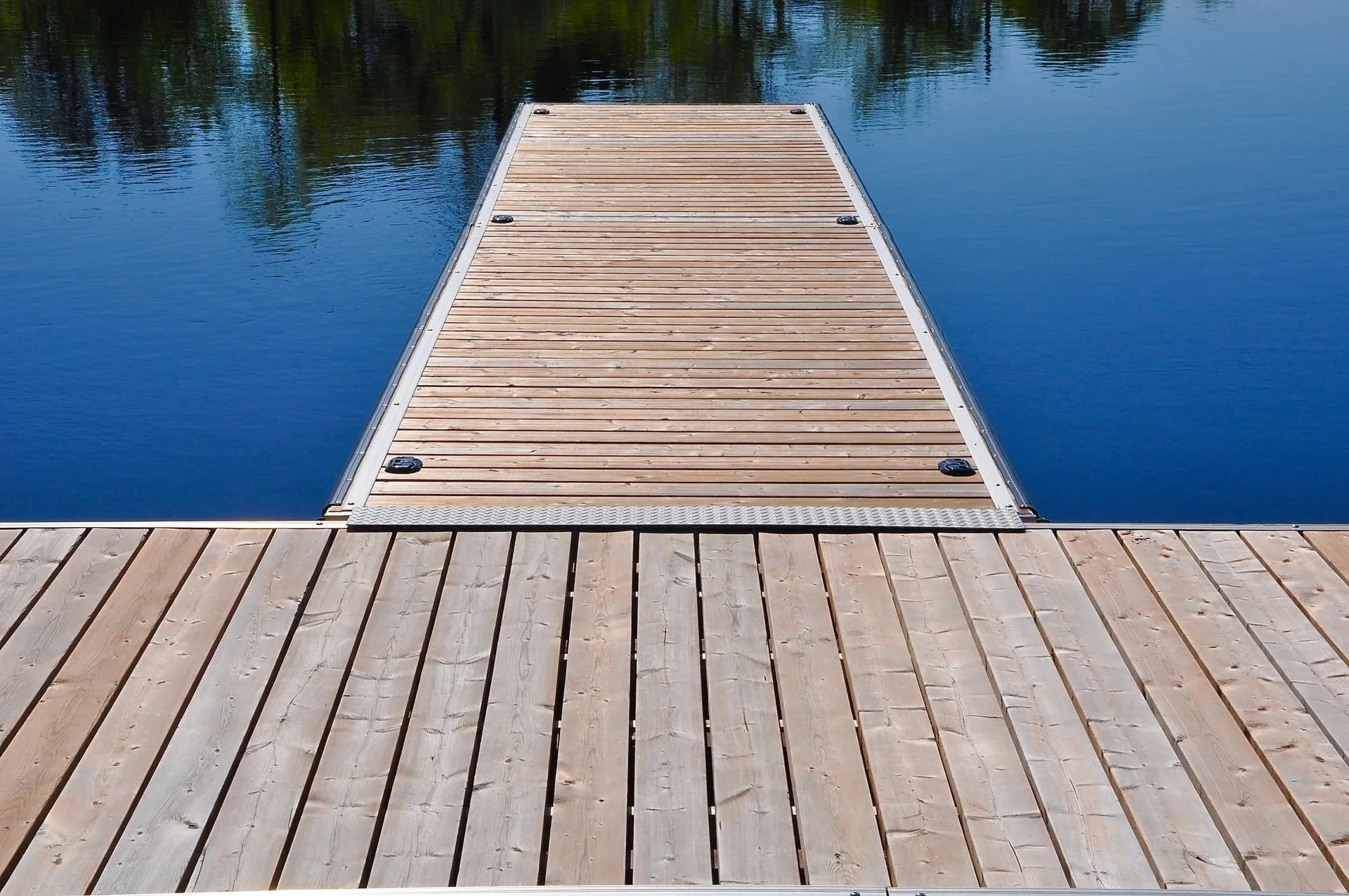 Wooden dock extending over calm water