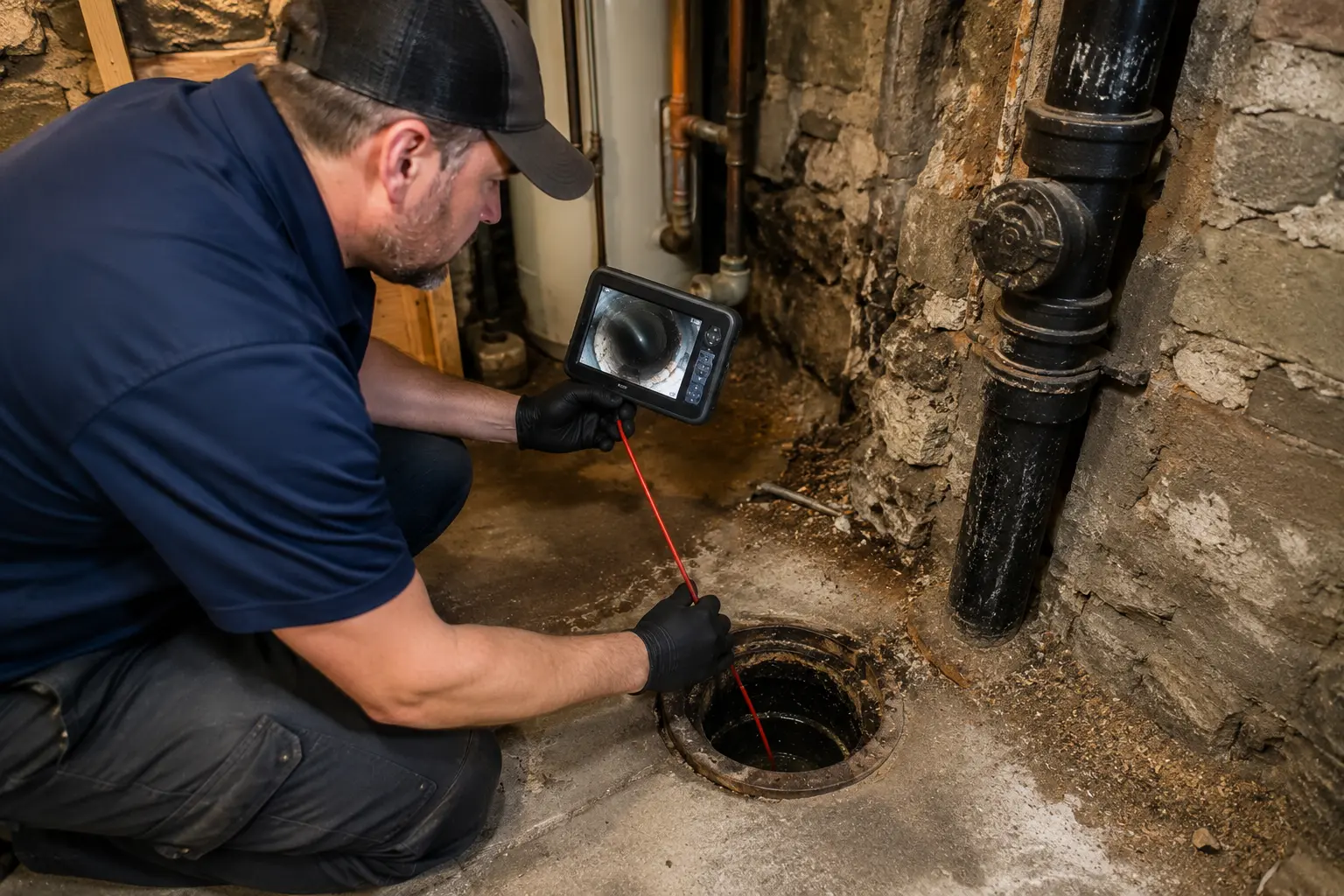 Inspector performing sewer inspection in older home basement plumbing system