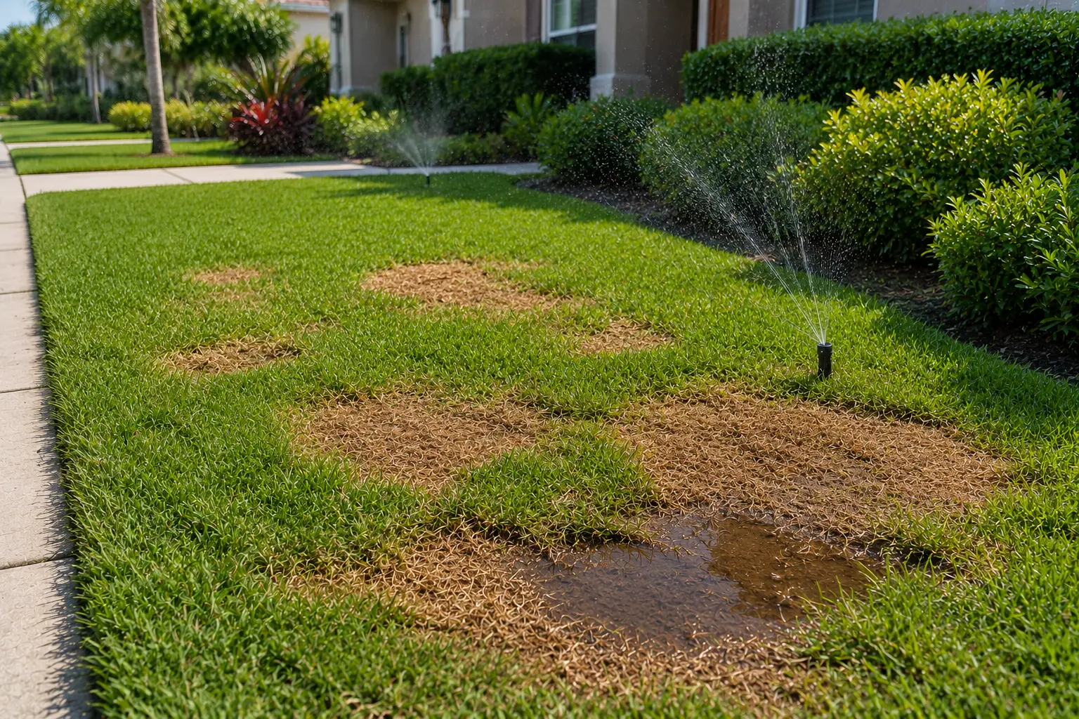 Irrigation system causing lawn brown spots and water pooling