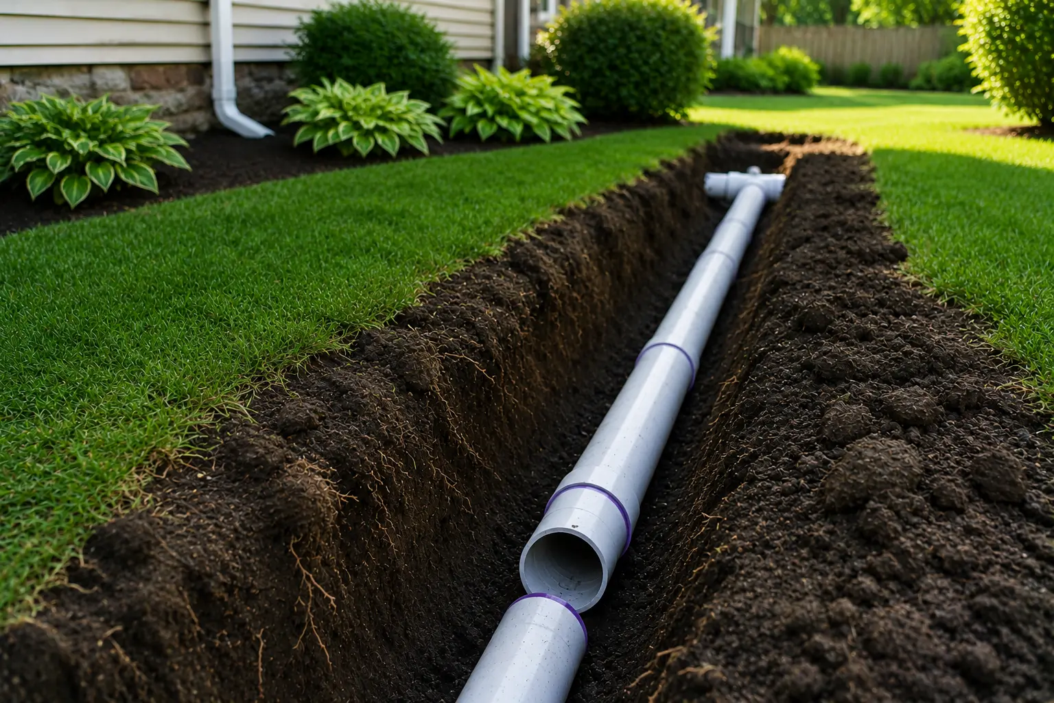 Newly repaired residential sewer line trench installation