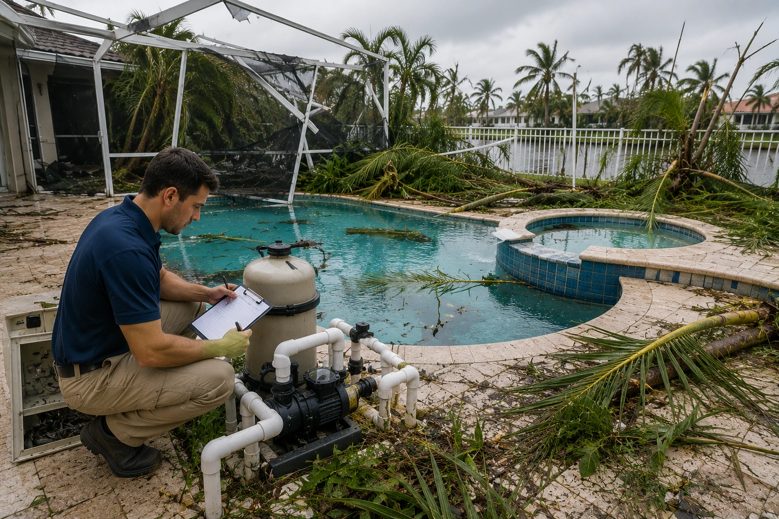 Swimming Pool SPA Inspections Post-hurricane swimming pool and equipment damage inspection
