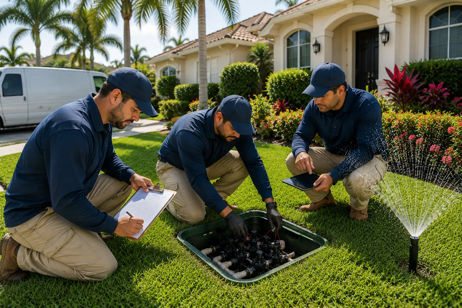 Professional irrigation inspection team servicing residential sprinkler system