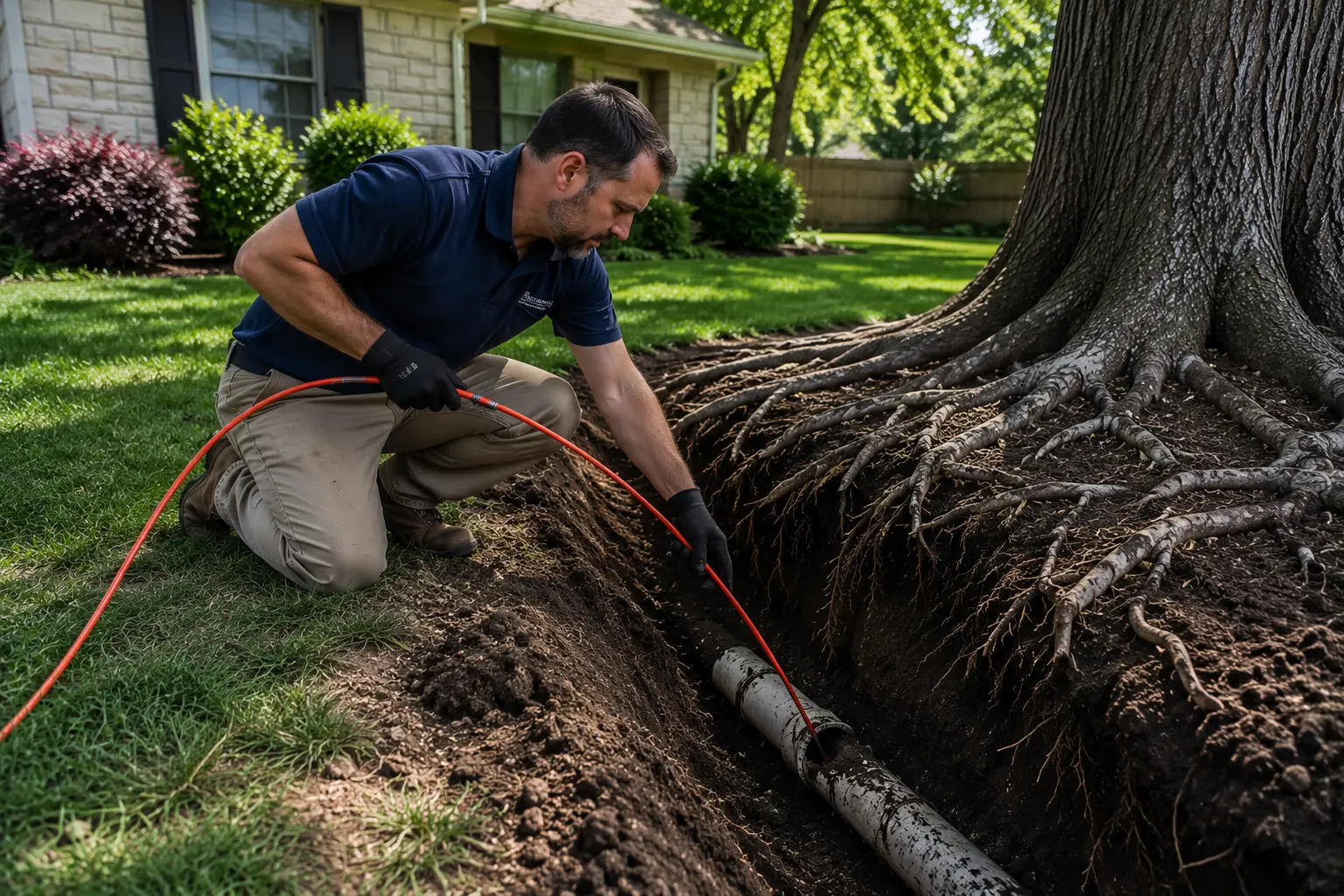 Technician inspecting sewer line near mature tree roots