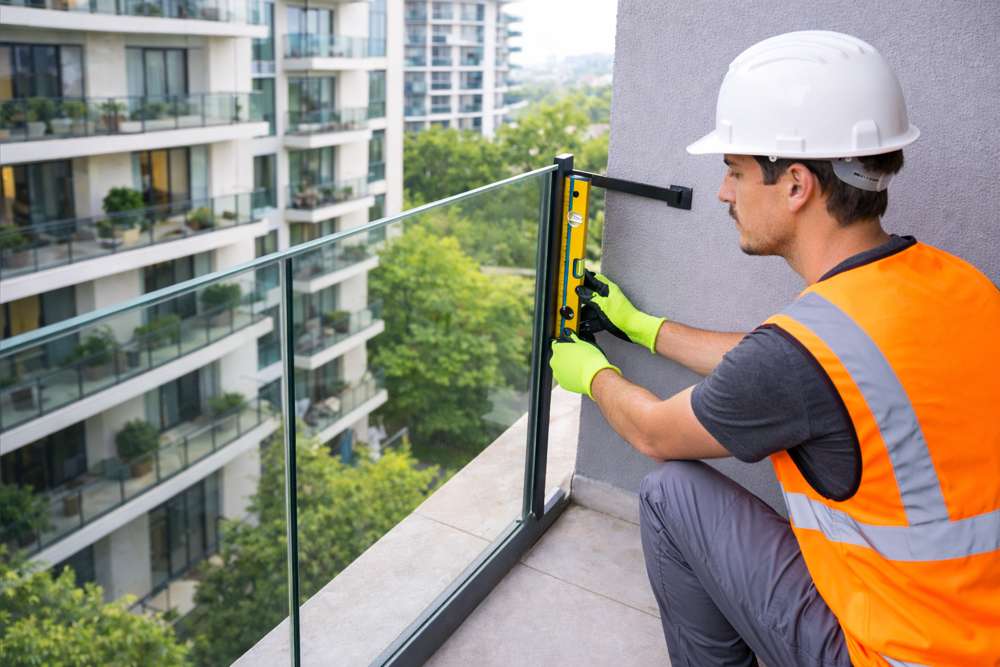 Balcony Inspections Inspector checking alignment on balcony 1 1
