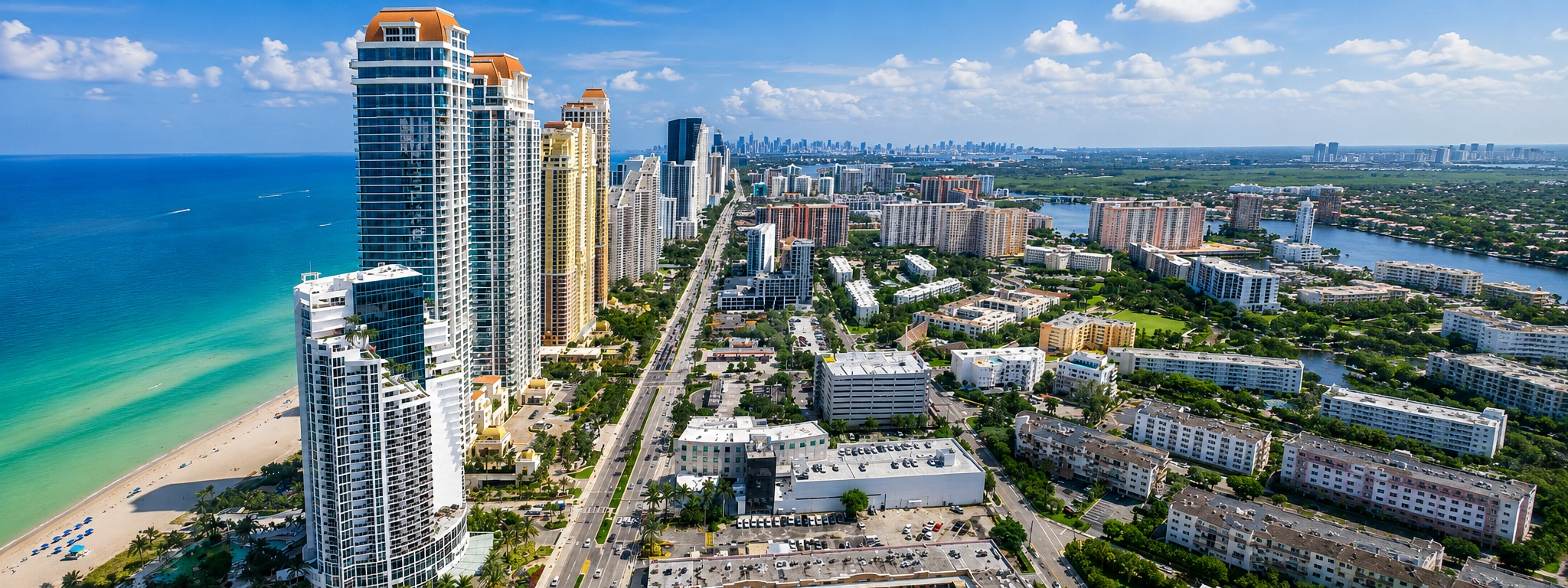 Sunny Isles home Inspection on Coastal city skyline with beach view