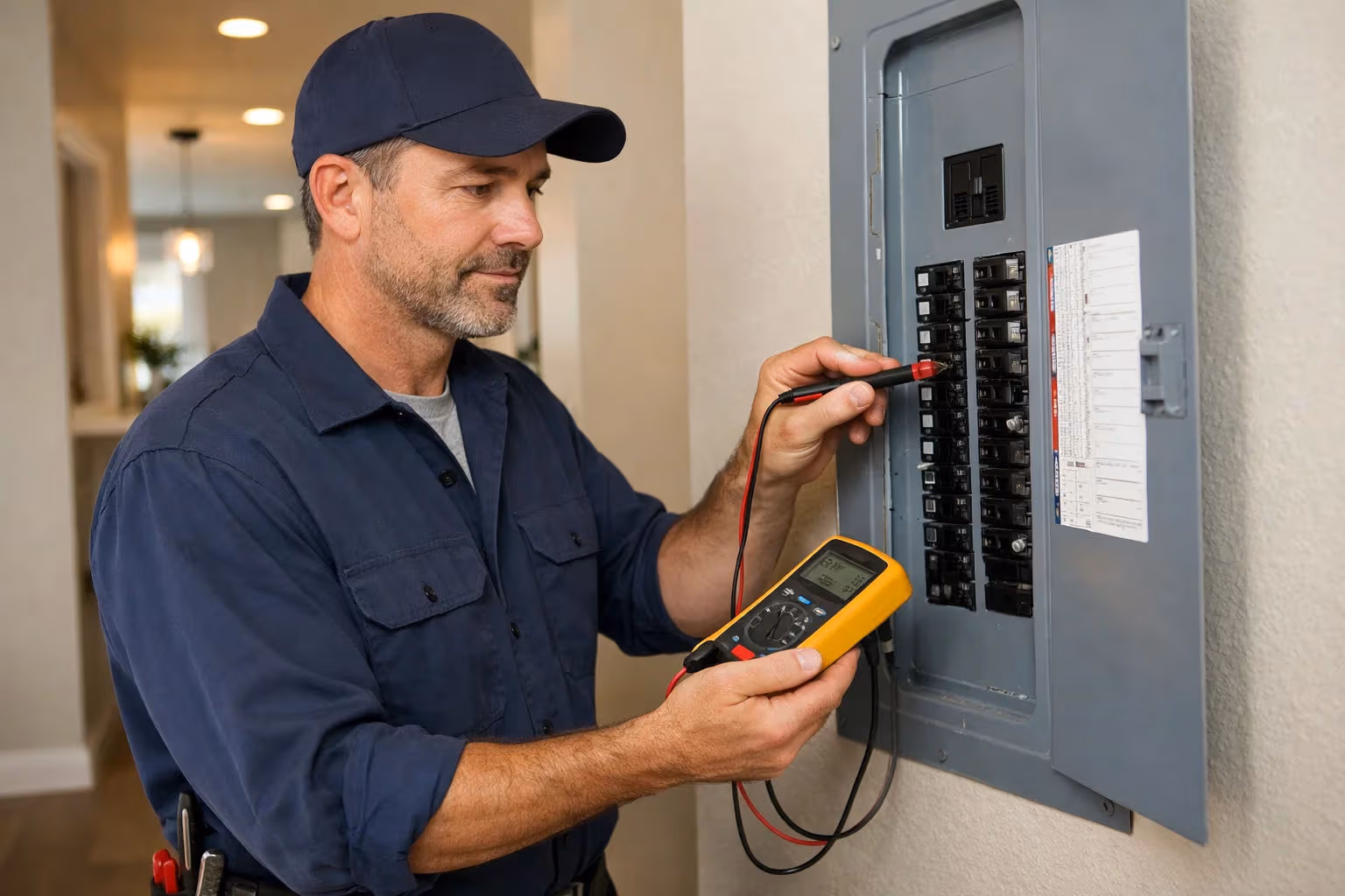 Home inspector testing circuit breaker panel